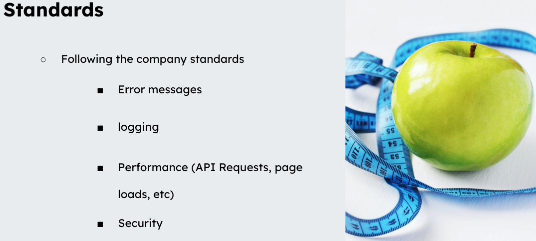 Software tooling standards including security, performance, logging, and error handling